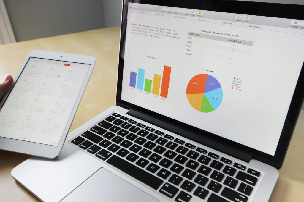 Dashboard Laptop displaying charts and graphs with tablet calendar for data analysis and planning.